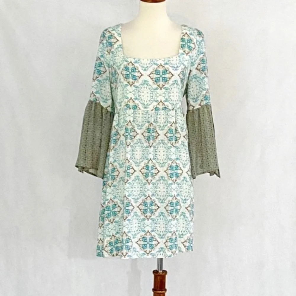 Umgee Aqua Teal Patterned Mini Dress with Olive Bell Sleeves - Picture 1 of 11